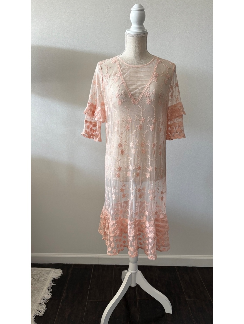 Cotton Bleu Sheer Peach Lace Dress with Ruffle Sleeves size L